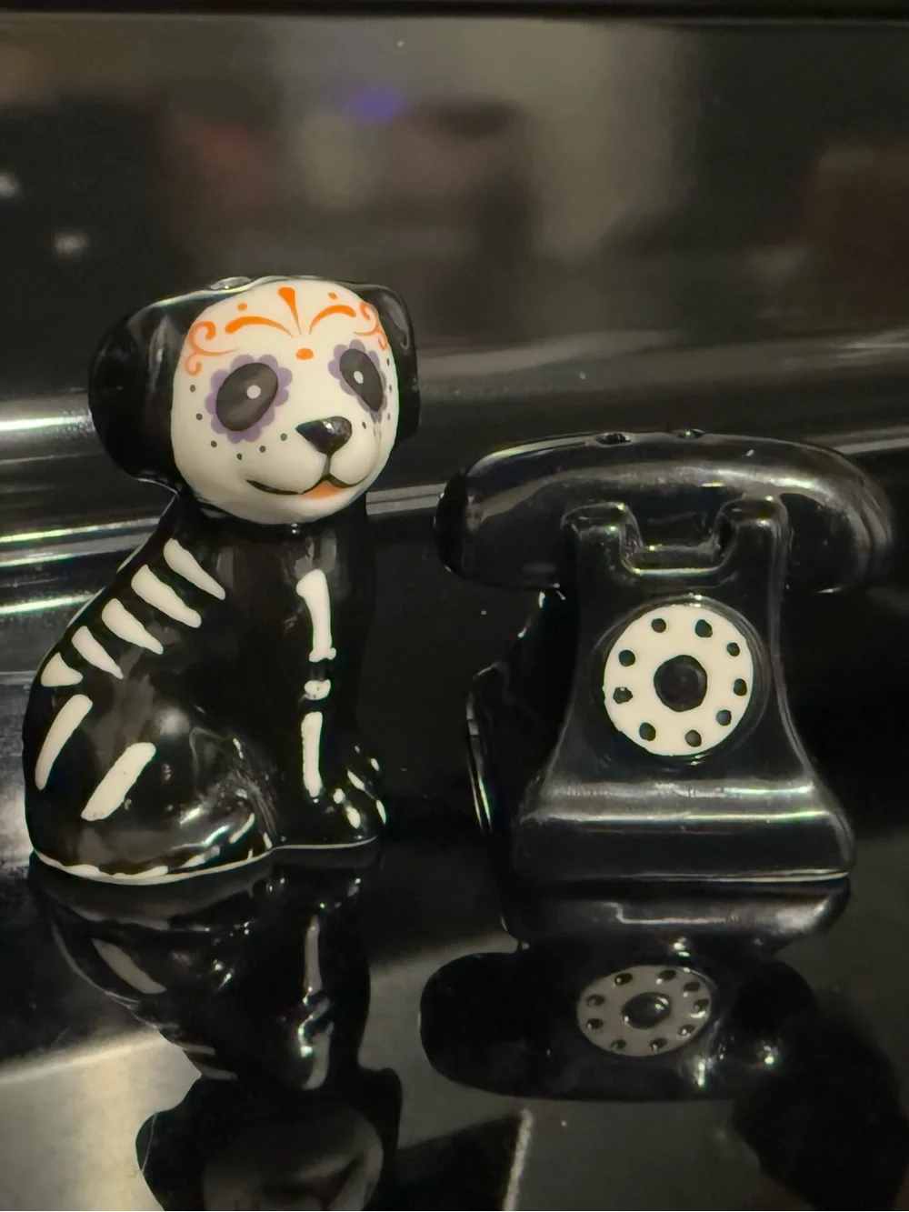 Mini Halloween Salt and Pepper Shakers- dia de Los Muertos and goth retro phone